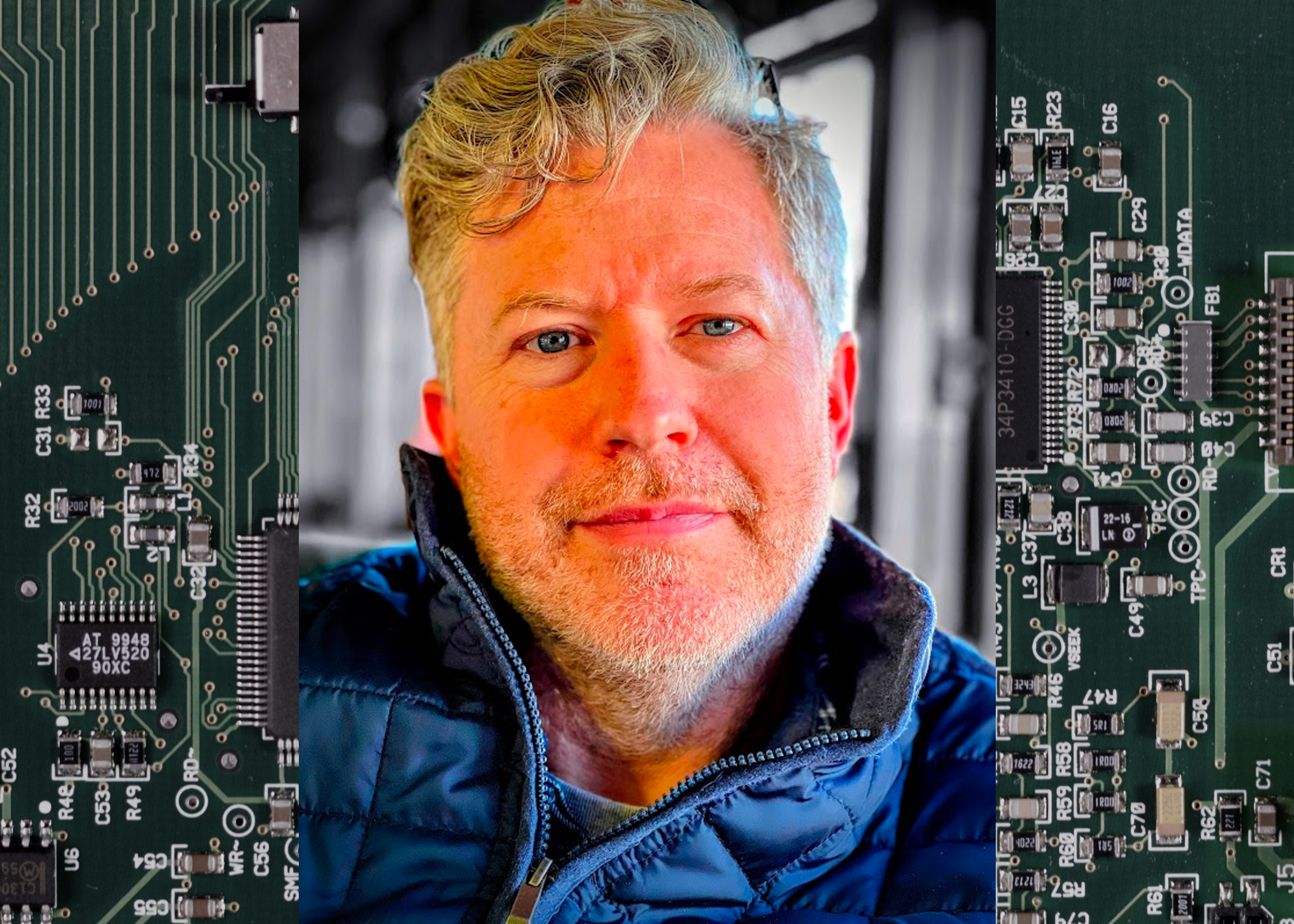 Brian Slocum Headshot with Circuit Background